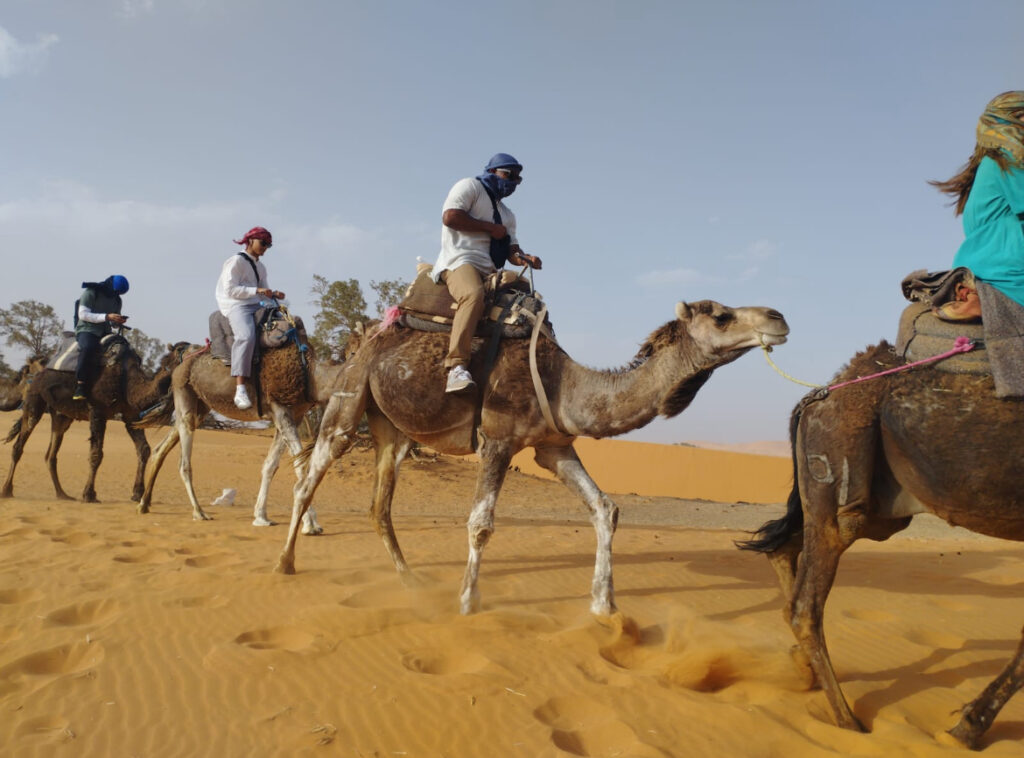 Caleb Chandler on a camel in the desert.