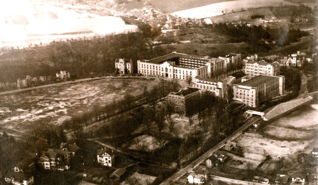 Aerial View of VMI, circa 1930;  shows the construction of Nichols Engineering Building
