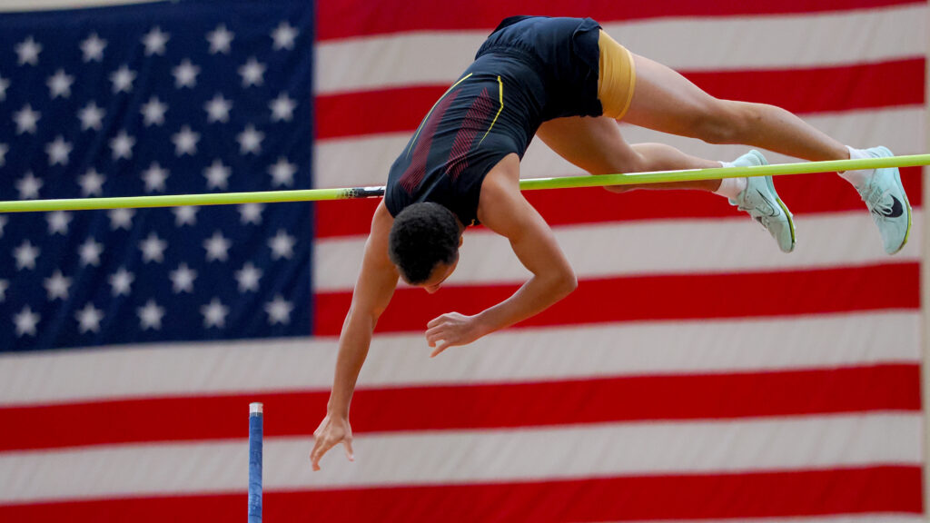 Cameron Thomas pole vaulting during a track and field meet for Virginia Military Institute.