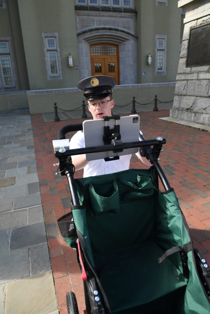 A cadet work with an app on a tablet developed as part of an engineering capstone project at VMI.